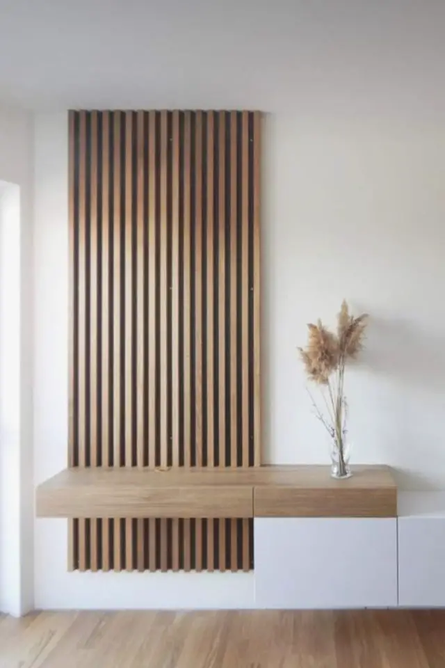 deco murale tasseaux bois etagere exemple alternative console ambiance minimale moderne