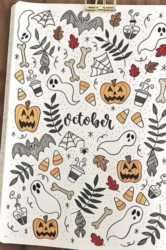 exemple deco bullet journal octobre doodle page de garde citrouille fantome chauve-souris toile d'araignée halloween