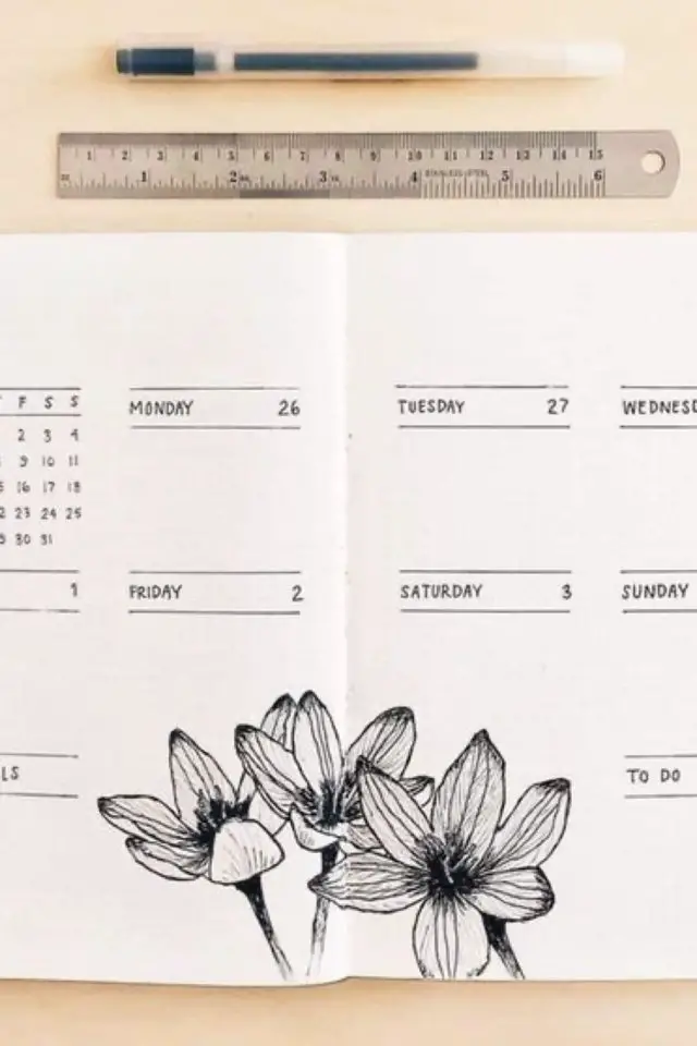 exemple illustration bullet journal minimal fleur noir et blanc élégant