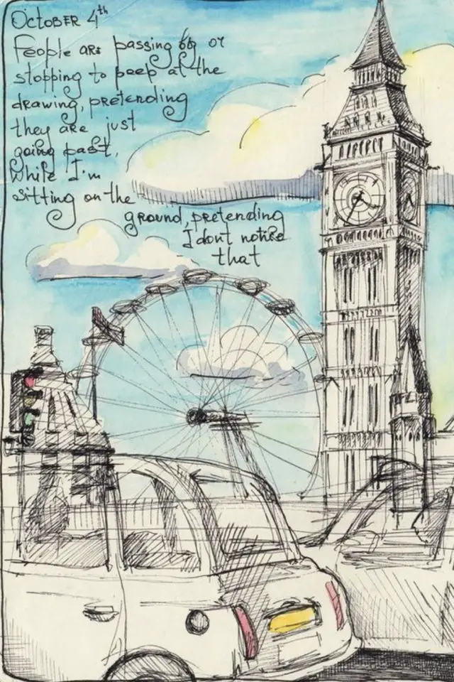 exemple journal voyage londres illustration aquarelle Moleskine tour de Londres grande roue dessin sketch