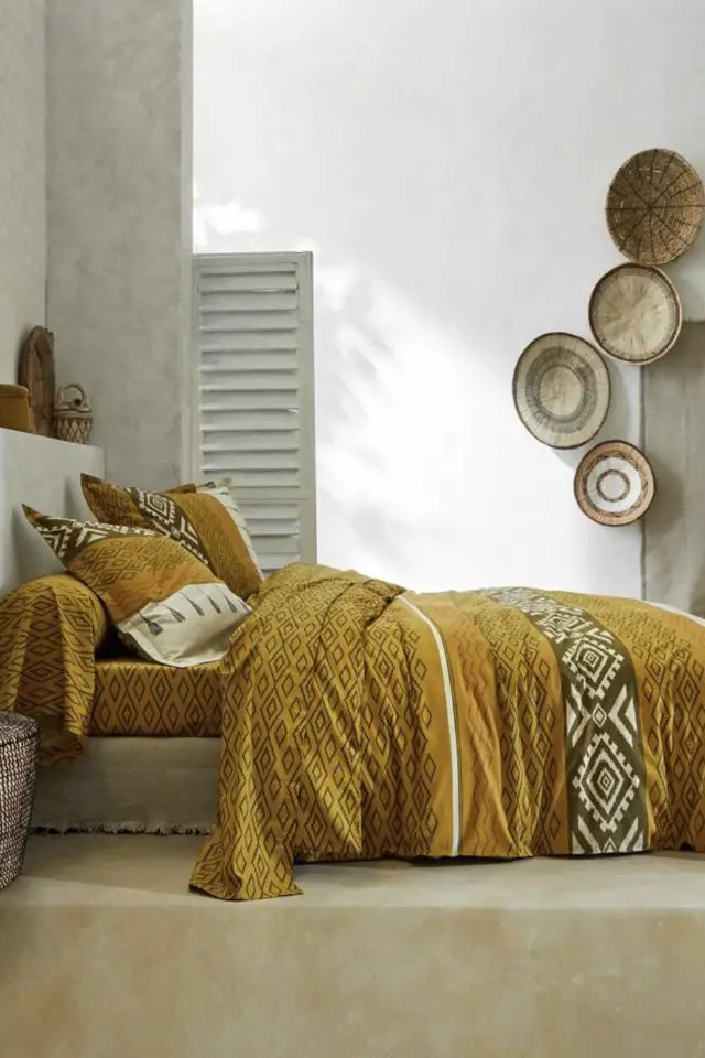 ou trouver parure de lit automne Linge de lit Atlas en coton imprimé ethnique beige jaune chocolat