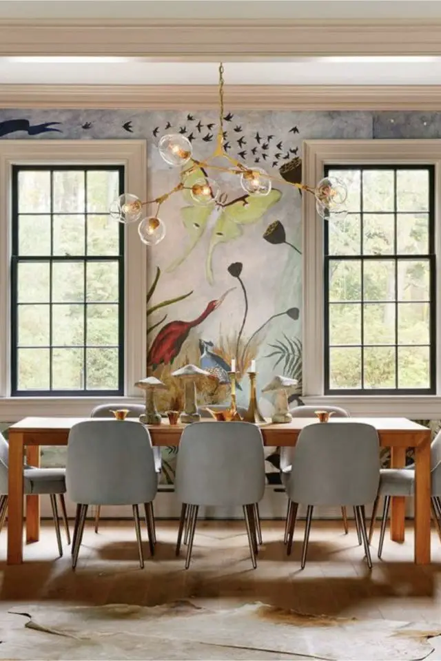 papier peint salle a manger exemple mur fenêtre panoramique fresque original élégant