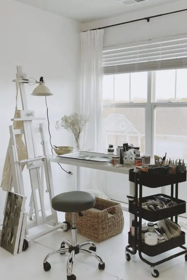 atelier creatif rangement deco idee chevalet blanc bureau desserte ikea fenêtre luminosité