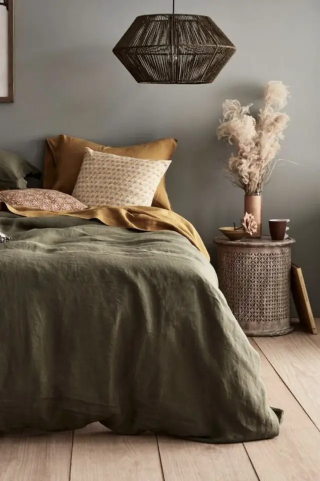 chambre a coucher adulte moderne et cosy style épuré relaxant linge de lit couleur naturelle organique simplicité