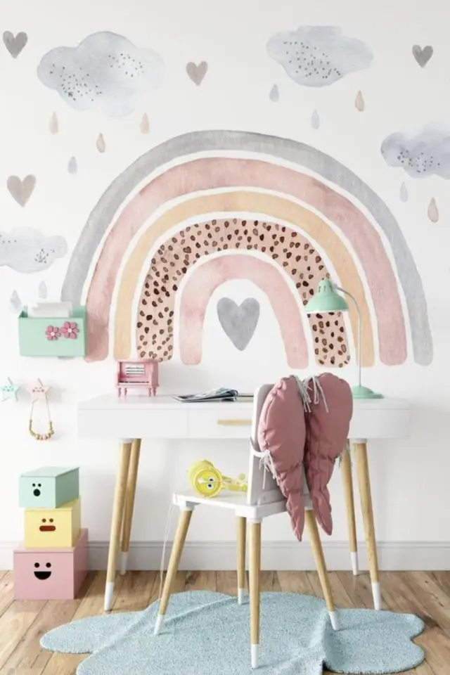 chambre fillette theme licorne arc en ciel motif mural décor à peindre dessus du bureau