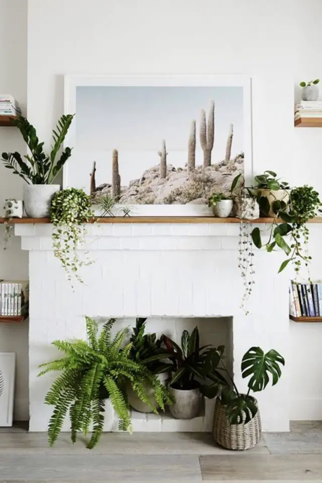 comment decorer une cheminee blanche plante verte cadre photo paysage naturel