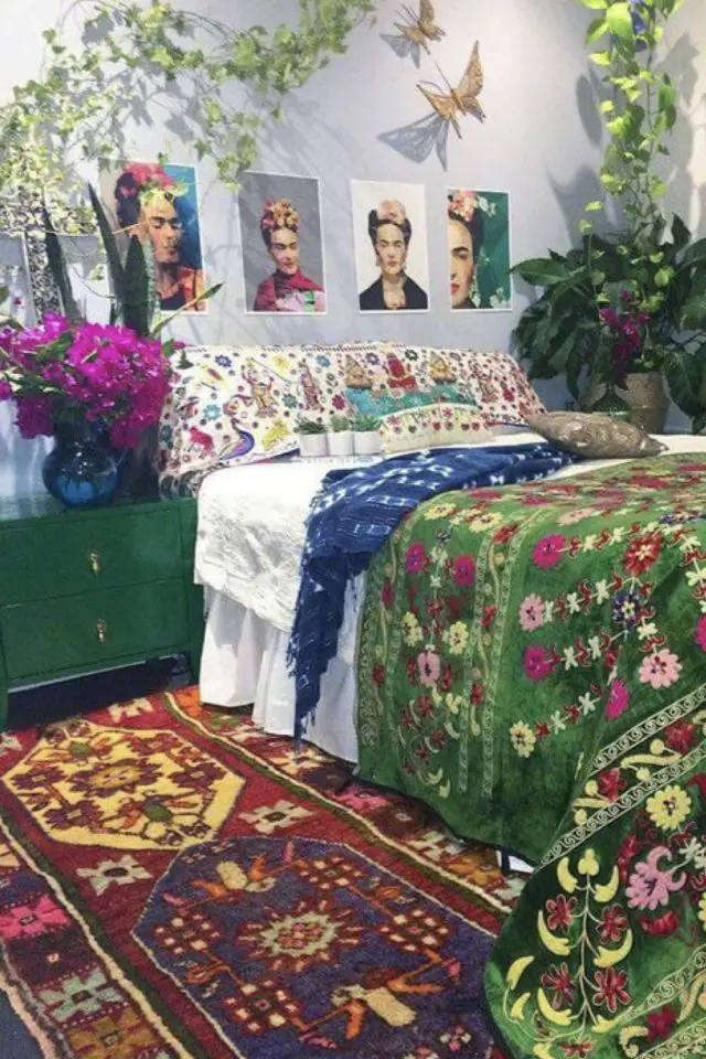 decoration et art exemple portrait frida kahlo chambre à coucher boho chic éclectique