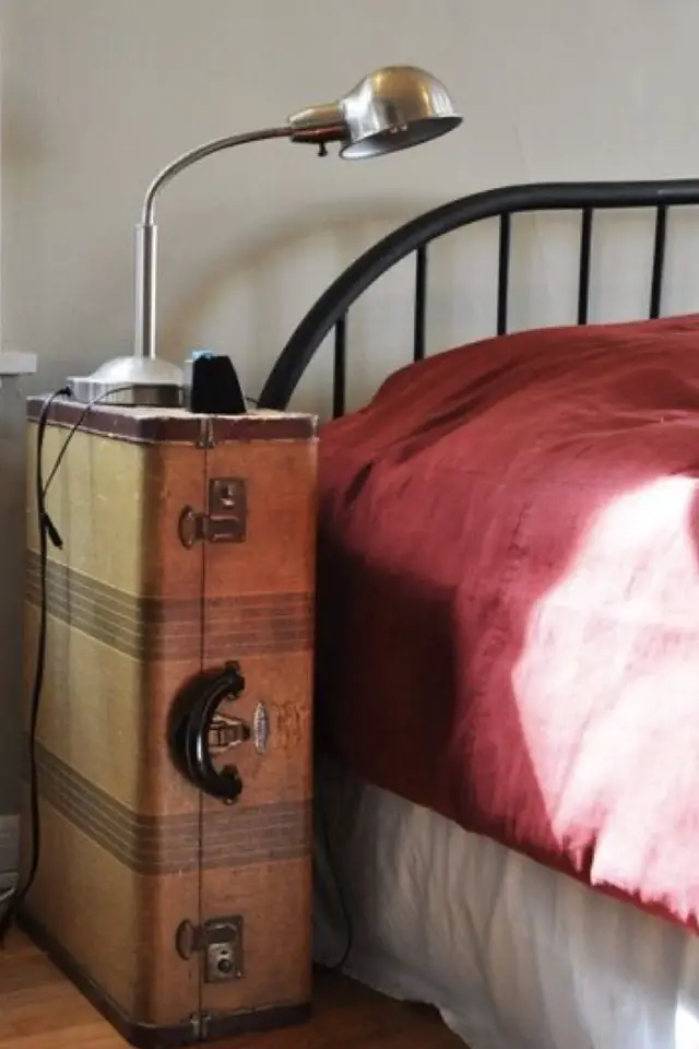 decoration recup valise vintage chambre à coucher table de nuit zéro déchet