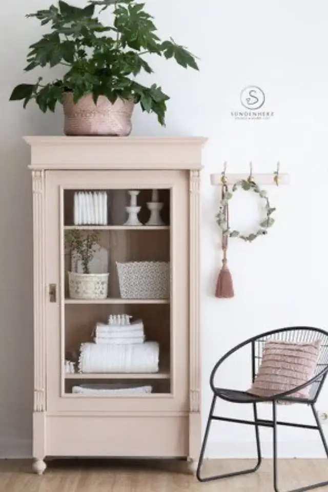 exemple decor mobilier en verre vitrine étro petit meuble classique chic peint en rose rangement salle de bain