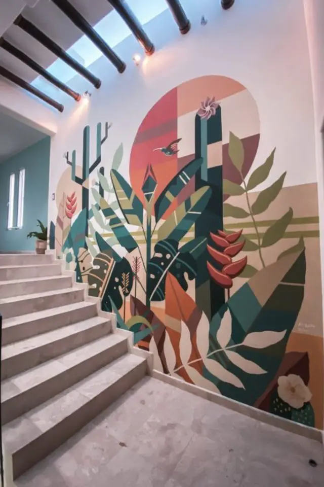 fresque murale inspiration artistique decor streetart floral motif moderne cage escaliers