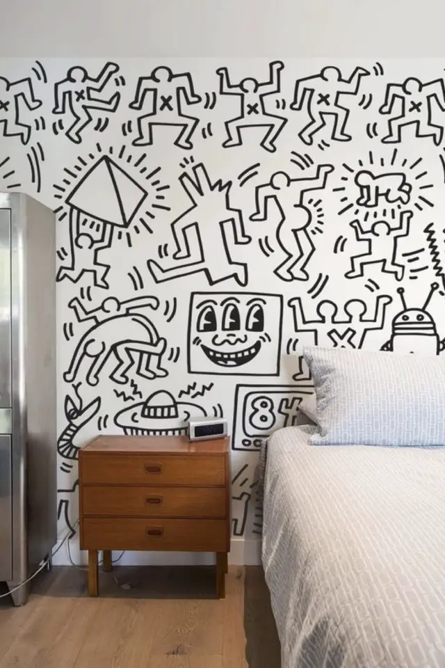 fresque murale inspiration artistique decor chambre à coucher Keith Haring noir et blanc streetart vintage