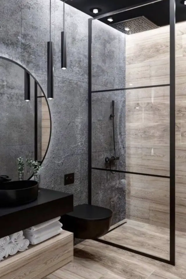 salle de bain moderne effet beton exemple revêtement mural élégant associé au bois carrelage grand format