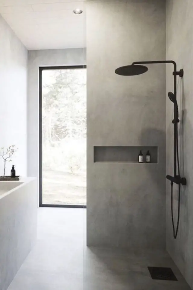 salle de bain moderne effet beton exemple épuré minimaliste douche noir design