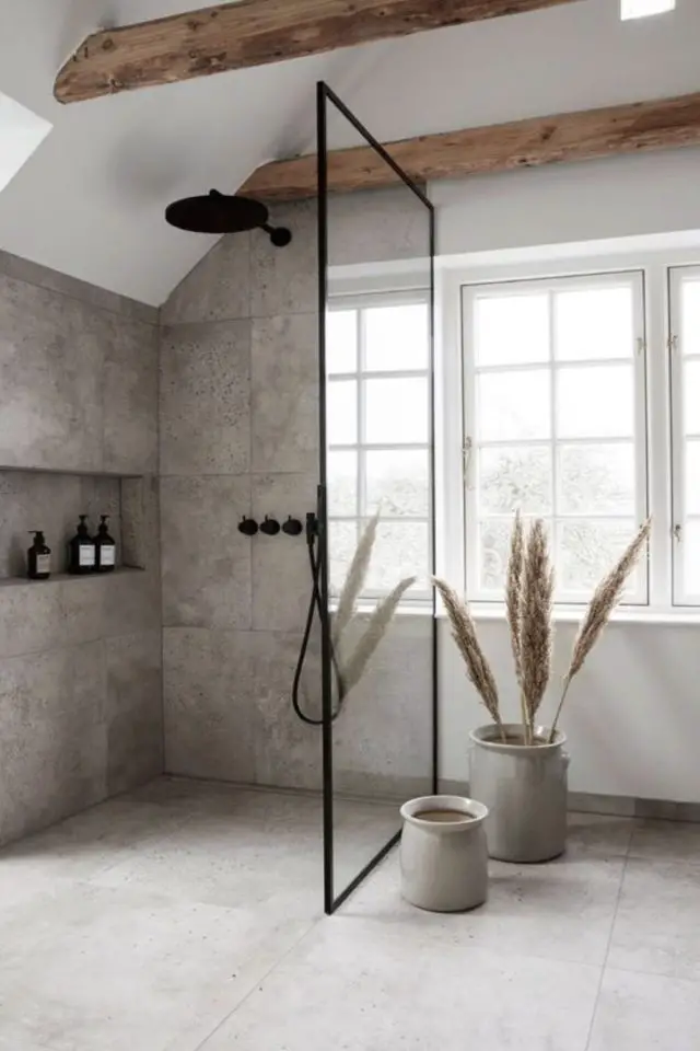 salle de bain moderne effet beton exemple carrelage grand format sol et mur joint invisible