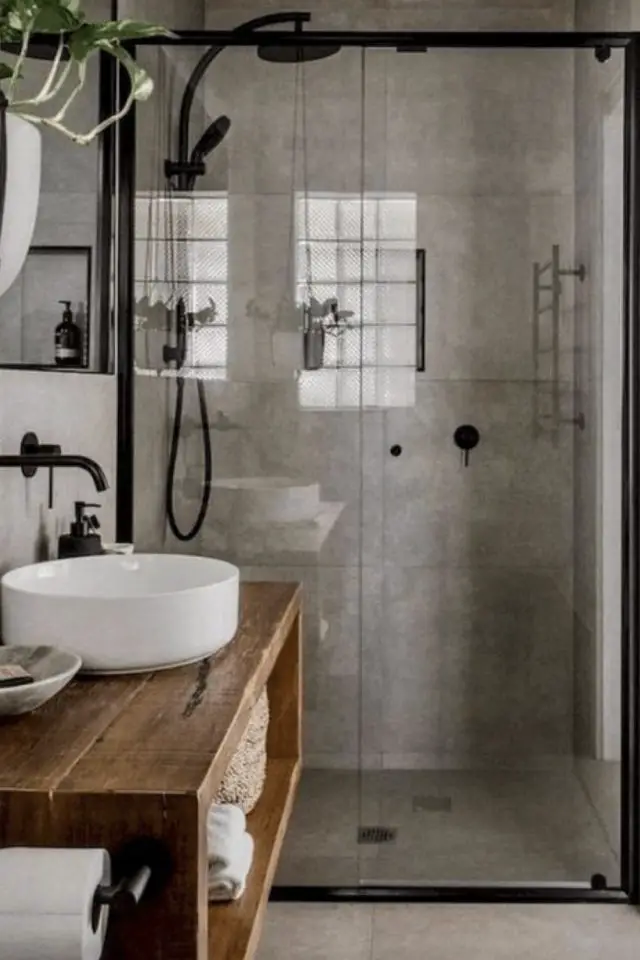 salle de bain moderne effet beton exemple espace douche meuble vasque en bois