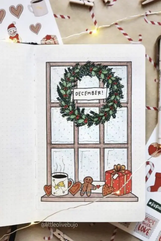 bullet journal theme noel exemple illustration dessin page de garde fenêtre décor couronne de fêtes cadeau
