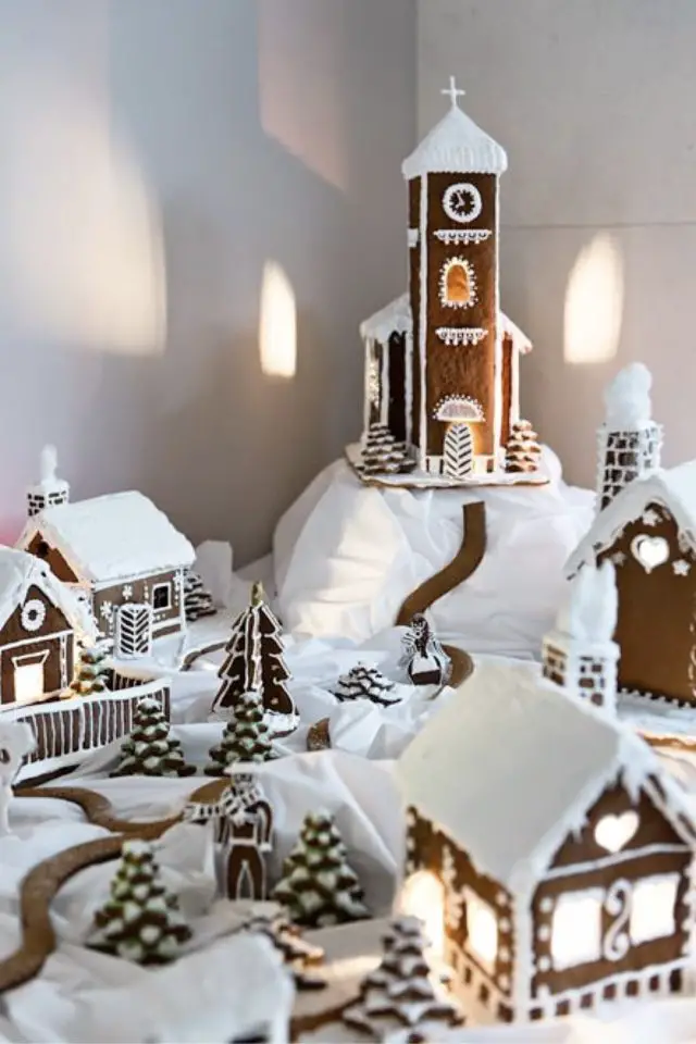 decor noel pain epice exemple village miniature maisonnette fait maison blanc et marron tissus DIY