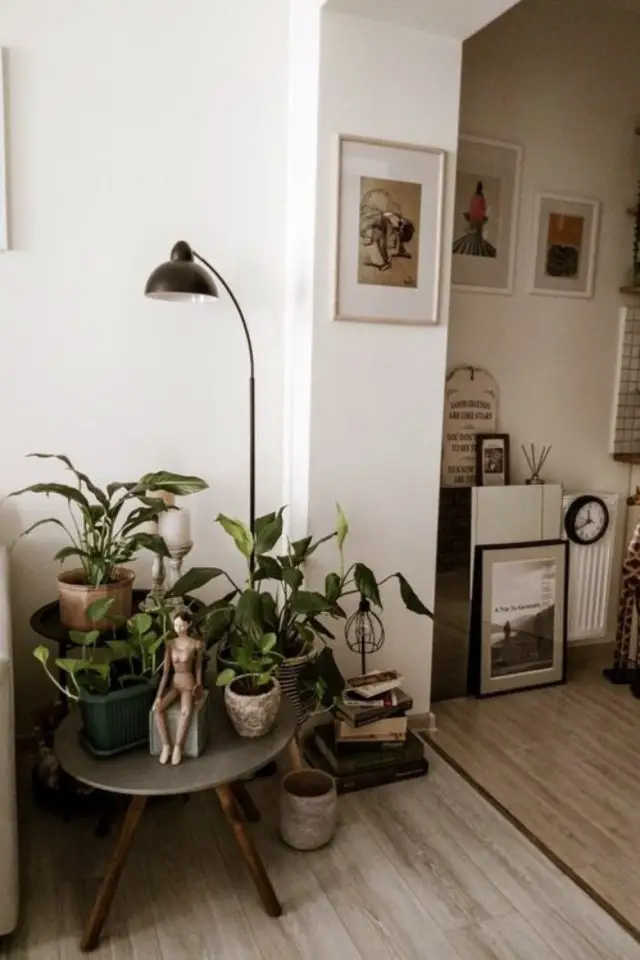 decorer angle salle a manger bout de canapé table basse coin verdoyant plantes intérieures lampadaire vintage