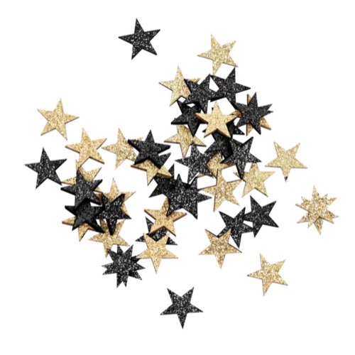 accessoire deco nouvel an couleur or Confettis en bois étoiles noire et or pailletées à disperser