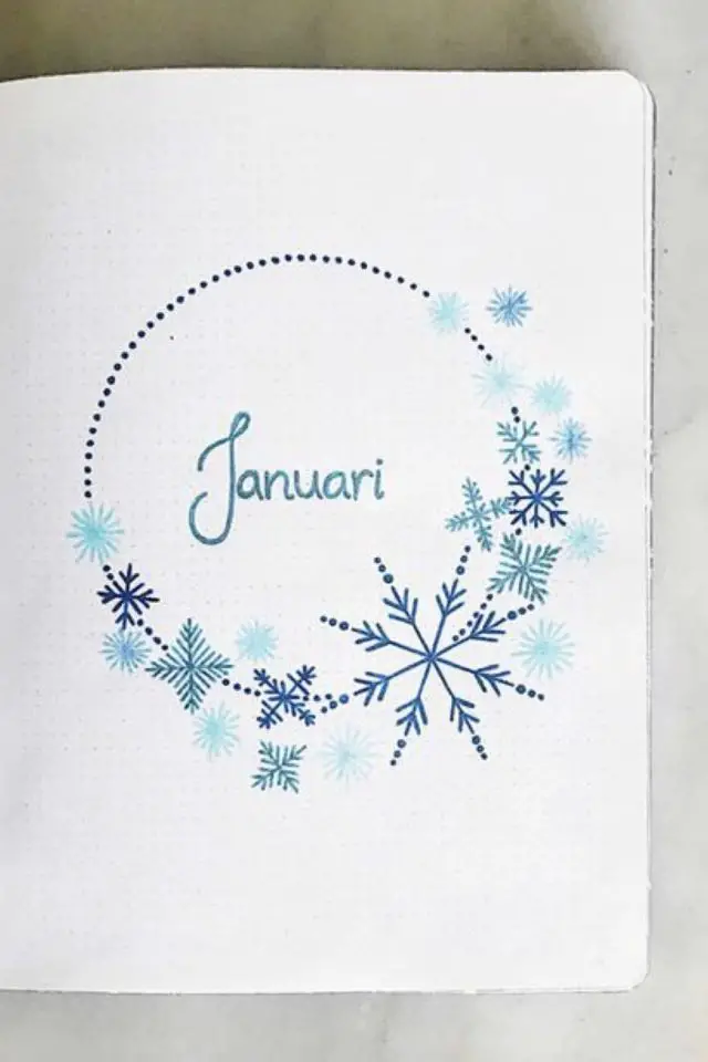bullet journal decor hiver exemple page de couverture janiver cercle facile bleu flocon de neige