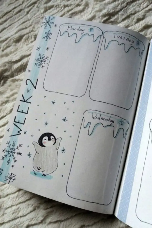 bullet journal decor hiver exemple organisation semaine décor neige pingouin couleur bleu