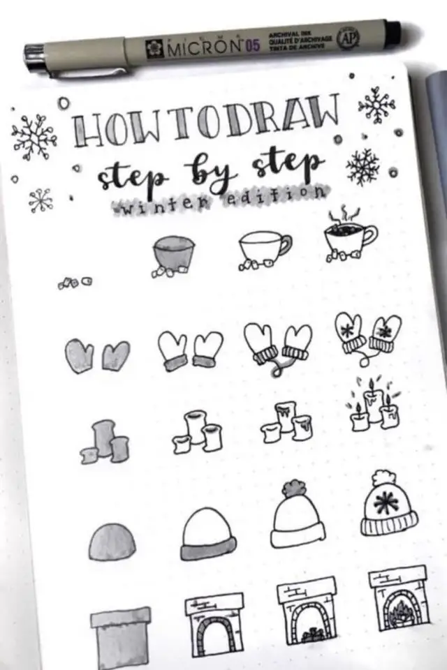 bullet journal decor hiver exemple doodle tuto dessin gants bonnets tasse de chocolat cosy