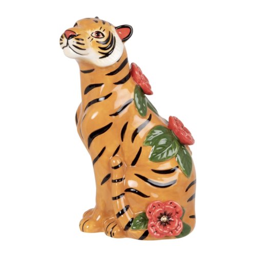 deco entree style eclectique Statuette tigre en dolomite orange, noire, rose et verte H14