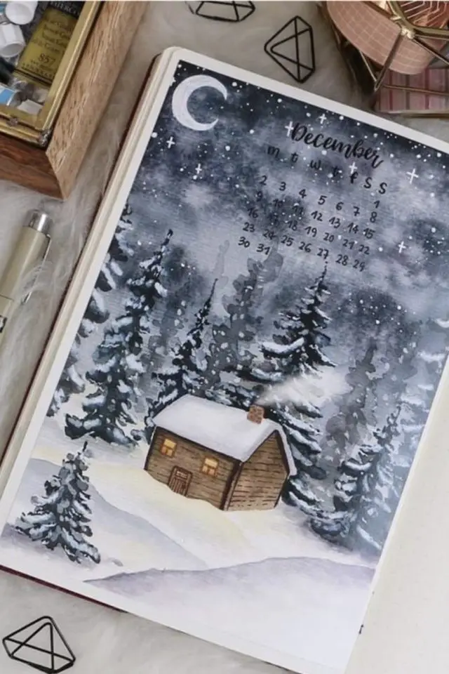 deco hiver bujo inspiration page de garde décor montagne chalet neige sapin calendrier