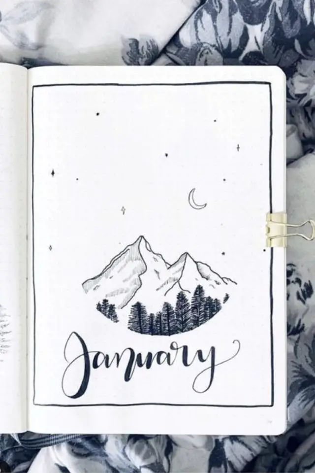 deco hiver bujo inspiration page de garde janvier montagne noir et blanc minimaliste
