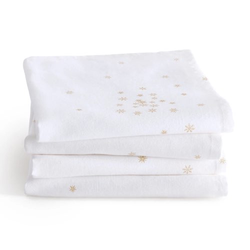 Lot 4 serviettes de table coton lavé/lin blanches imprimé motif flocon de neige doré