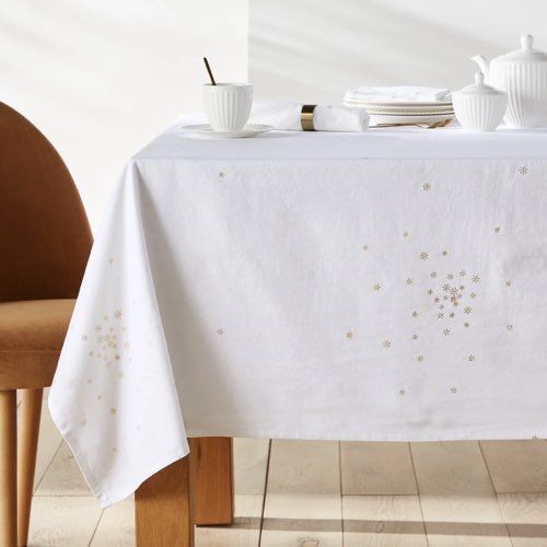 decor table noel chic Nappe imprimée coton lavé/lin blanc et doré moderne élégant