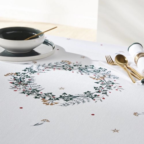 decor table noel chic Nappe métis coton/lin blanche imprimée fêtes