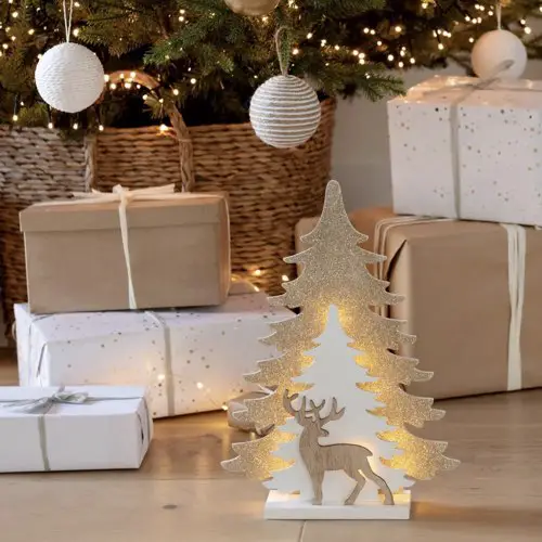 decoration noel maisons du monde Déco de Noël lumineuse sapin blanc à paillettes et cerf beige