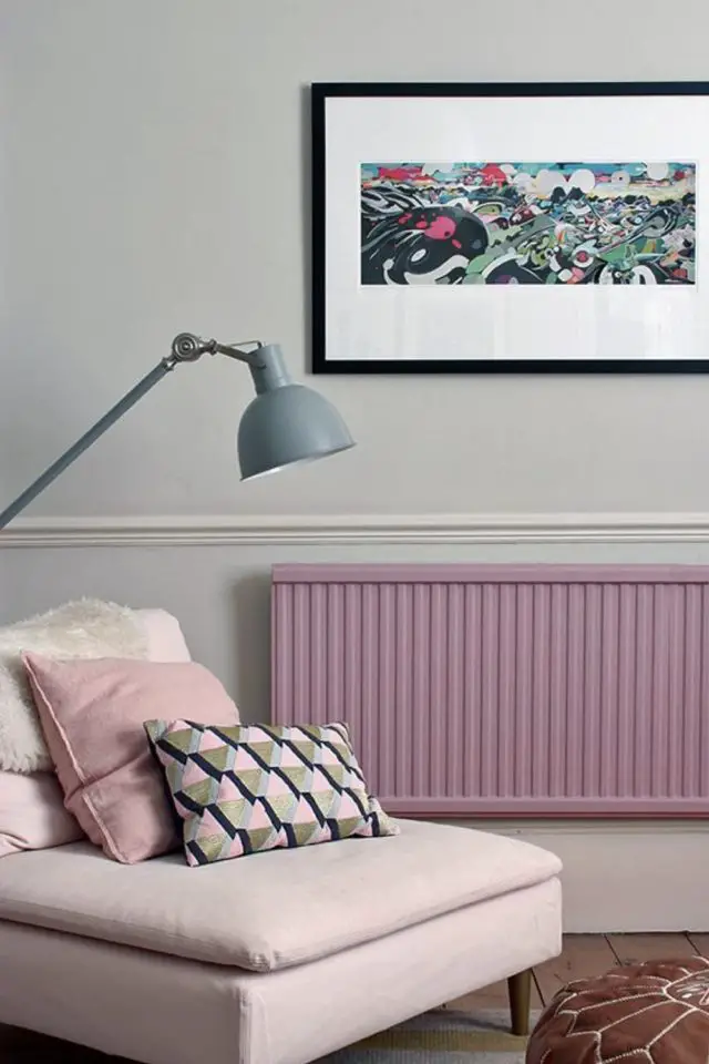 decoration peinture radiateur exemple mur gris peinture rose salon séjour féminin