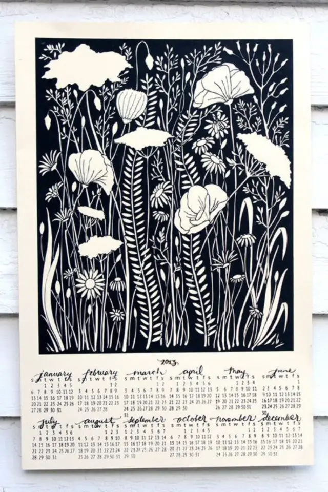 exemple calendrier mural poetique linogravure fleur handmade