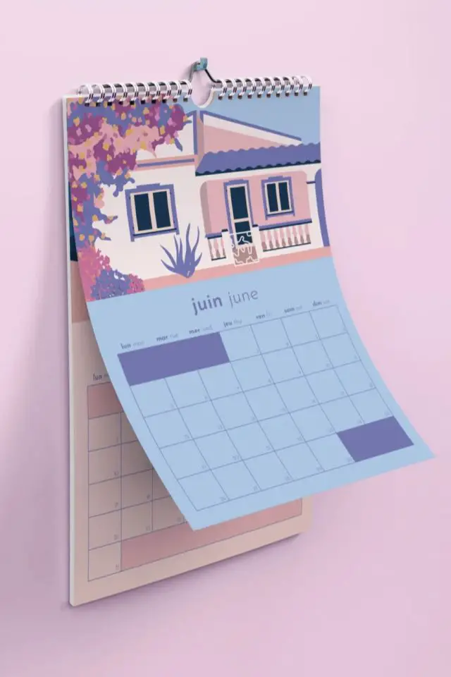 plus jolis calendrier 2023 illustrations architecture couleur années 80 rose et bleu