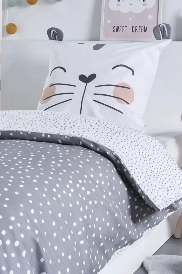 chambre enfant linge de lit Parure de lit enfant imprimé en coton gris fillette