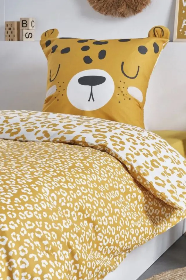 chambre enfant linge de lit Parure de lit enfant imprimé en coton jaune pâle 140x200cm tigre jungle safari