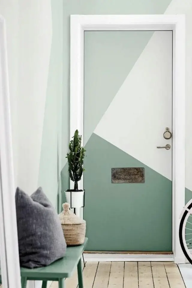 exemple couleur portes interieures palette moderne et douce vert d'eau vert sauge et blanc motif géométriques faciles