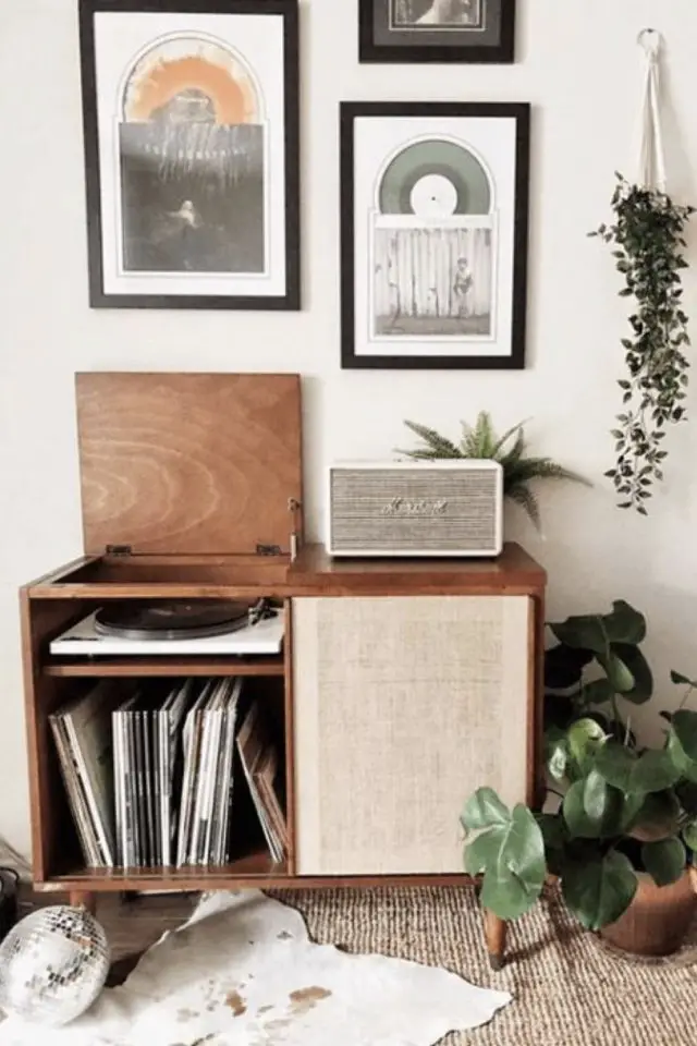 exemple espace maison passion musique platine vinyle meuble vintage cannage plantes vertes