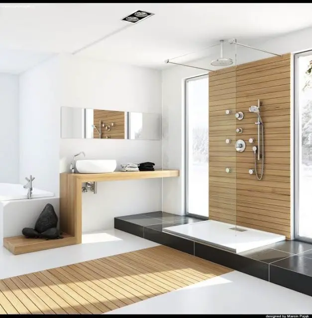 salle de bain duo de texture sol carrelage et bois