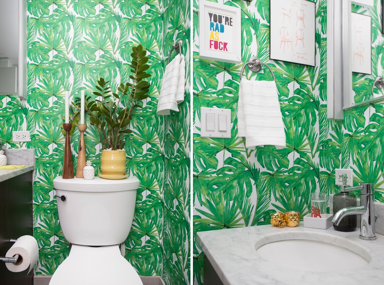 salle de bain vert papier peint deco
