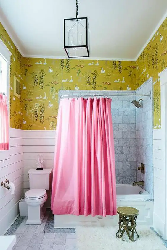 salle de bain retro rideau de douche rose
