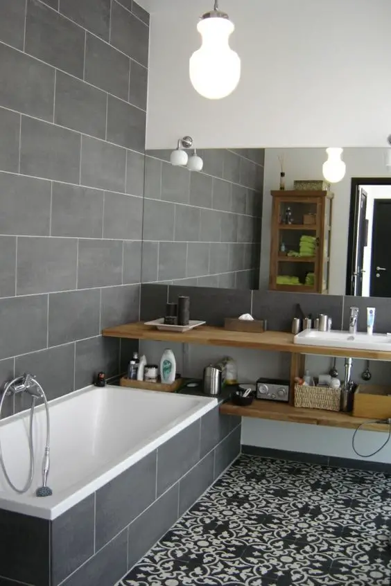 salle de bain grise carreaux de ciment sol