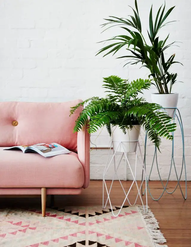 canape tapis rose et plante verte sur boute de canapé en métal ajouré ambiance féminine 