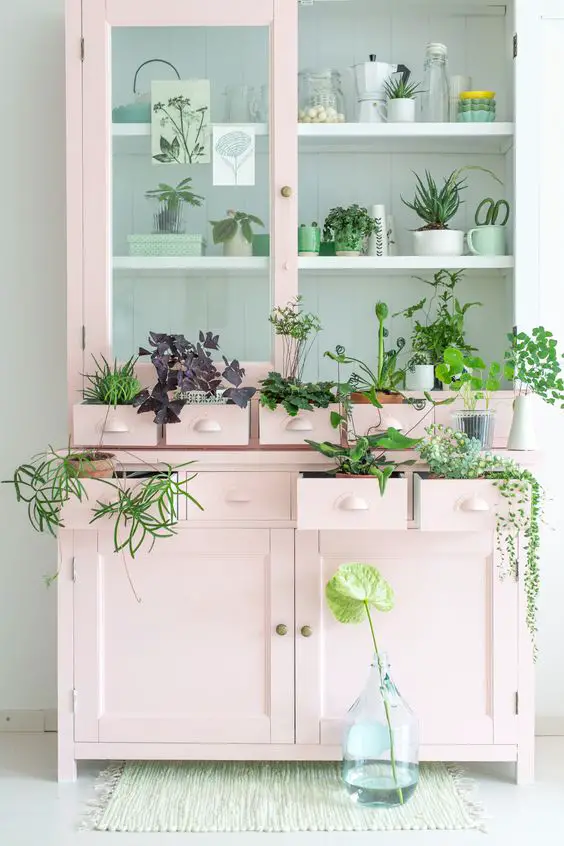 vaisselier diy rose et plantes récup plantes intérieures vertes ambiance kinfolk moderne