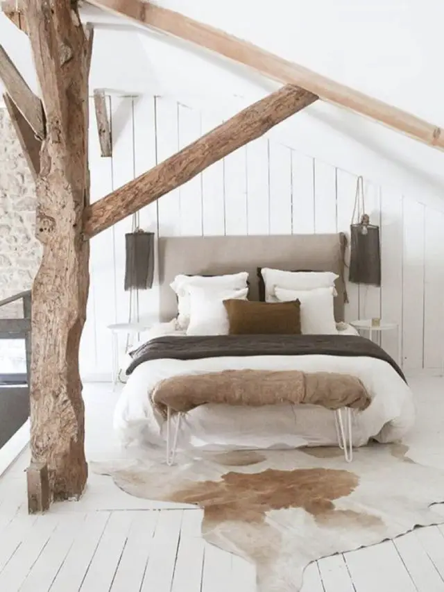 exemple decoration chambre blanche moderne combles mansarde charpente lambris bois