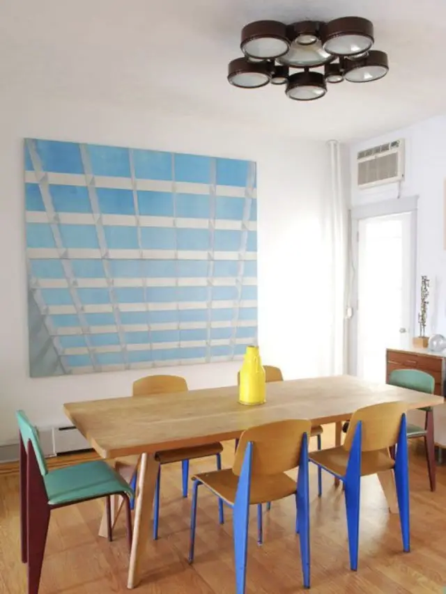 salle a manger style arty exemple mobilier fifties couleur et tableaux mural bleu