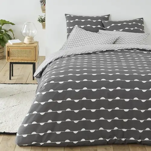 chambre linge de lit gris moderne cosy foncée imprimée