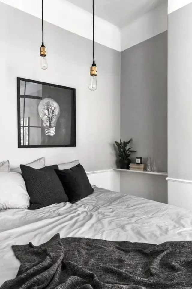deco gris clair exemple chambre murs gris clair et parure de lit blanc anthracite et perle